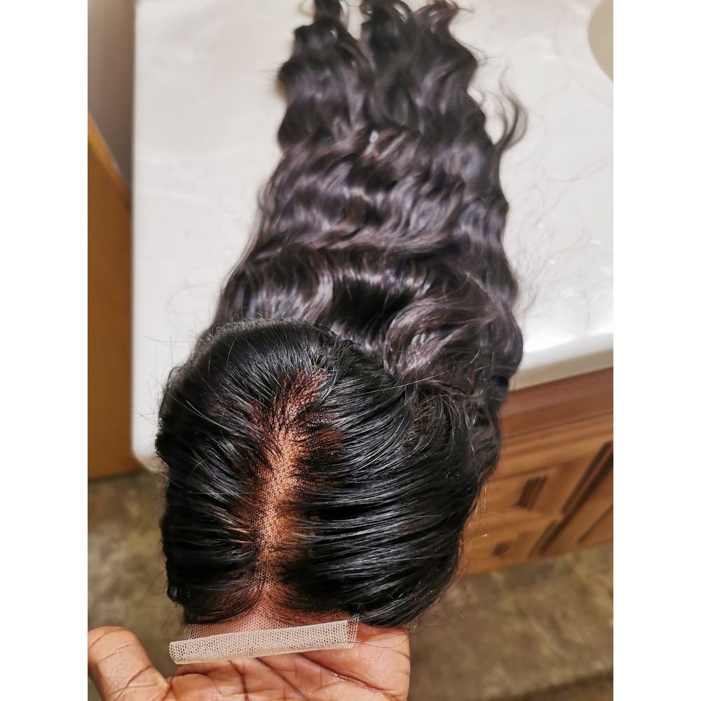 Quality Natural Black Wavy Human Hair Glueless Bleach Closure Wig 24"